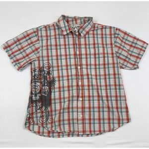 Surplus Mens XL Plaid Skull Graphic Short Sleeve Button Up Shirt Red Blue Y2K